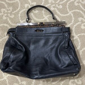 Fendi Black Leather Top Handle Bag with Brown FF Trim